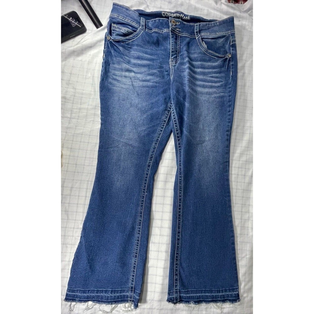 COPPERflash Women's Curvy Jeans Size 16 Med Wash Embellished Flare Raw Hem